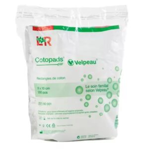 Velpeau Cotopads rectangles 100% coton non stérile 8x10 cm – sachet de 200 tampons rectangulaires absorbants pour soins et hygiène quotidienne.