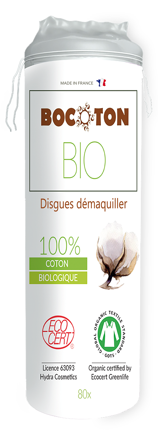 Disques de coton biologique Bocoton en paquet, cotons ronds blancs 100 % coton bio pour démaquillage et soins du visage.