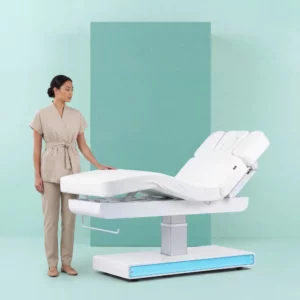 Table de massage électrique NUSH Weelko avec chauffage intégré, éclairage LED et base en bois blanc