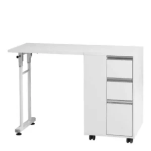 Table de manucure pliante Weelko PLEX WKM016 en bois blanc avec trois tiroirs.