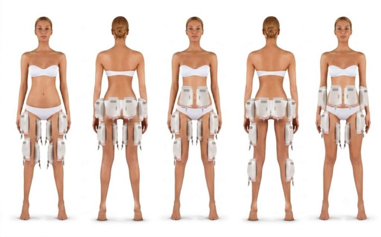 Schéma d'application des plaques du soin corps Body Synergy Laser 980 nm Scarlett Beauty indiquant les zones de traitement corporelles.