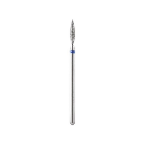 Fraise diamantée en forme de flamme avec pointe fine et bague bleue pour ponceuse à ongles.